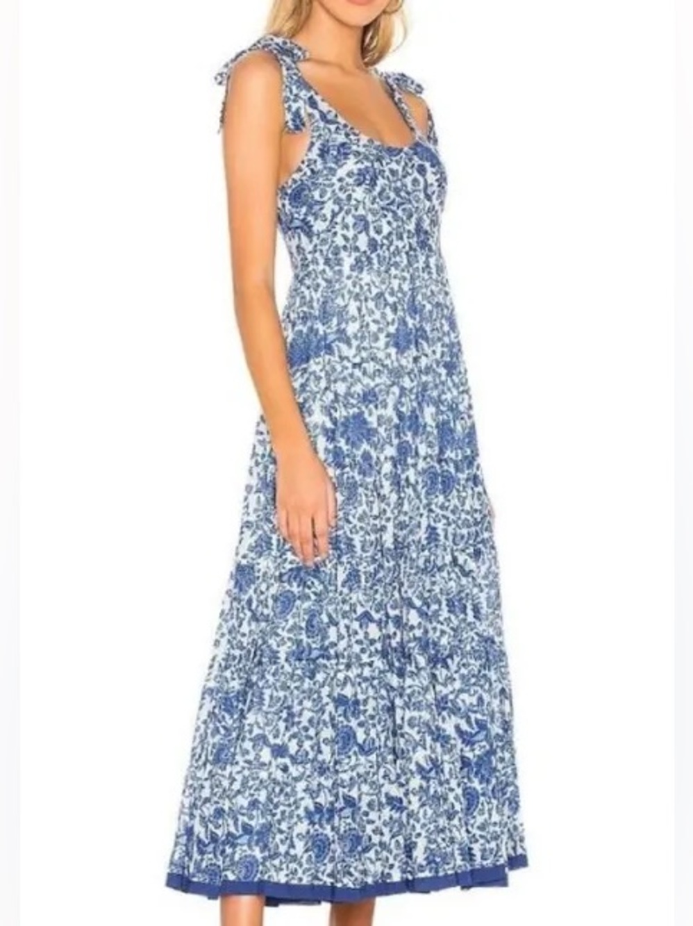 Free People Blue & White Floral Tie-Shoulder Maxi Dress